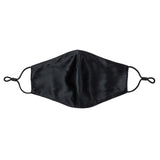 Silk Works black mulberry silk face mask with black adjustable ear loops, designed for breathable, skin-friendly protection.