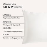 Silk pillowcase with benefits listed on a white background