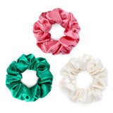 Set of large mulberry silk scrunchies in watermelon pink, jade green, and ivory white – soft, gentle, and perfect for reducing hair breakage
