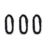 Trio of black 100% mulberry silk skinny scrunchies by Silk Works, designed to reduce breakage and frizz.