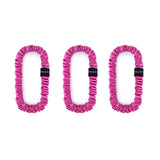 Trio of fuchsia 100% mulberry silk skinny scrunchies by Silk Works, designed to reduce breakage and frizz.