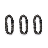 Trio of charcoal grey 100% mulberry silk skinny scrunchies by Silk Works, designed to reduce breakage and frizz.