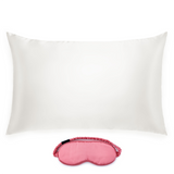 Silk Works ivory-coloured mulberry silk pillowcase and watermelon pink eye mask set, crafted from 22 momme silk for skin and hair benefits.