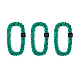 Trio of jade green 100% mulberry silk skinny scrunchies by Silk Works London, designed to reduce hair breakage and frizz.