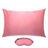 Silk Works watermelon pink coloured mulberry silk pillowcase and matching eye mask set, crafted from 22 momme silk for skin and hair benefits.