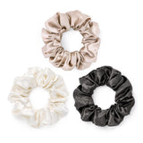 Set of three large mulberry silk scrunchies in caramel, charcoal grey, and ivory – soft, voluminous, and gentle on hair