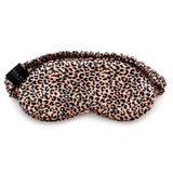 Rose Gold leopard print mulberry silk sleep mask by Silk Works with soft ruched strap and discreet logo tag, designed for light blocking and skin comfort.