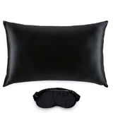 Silk Works black-coloured mulberry silk pillowcase and matching eye mask set, crafted from 22 momme silk for skin and hair benefits.