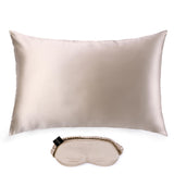 Silk Works champagne-coloured mulberry silk pillowcase and matching eye mask set, crafted from 22 momme silk for skin and hair benefits.