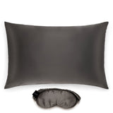 Silk Works charcoal grey-coloured mulberry silk pillowcase and matching eye mask set, crafted from 22 momme silk for skin and hair benefits.