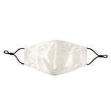 Silk Works ivory mulberry silk face mask with black adjustable ear loops, designed for breathable, skin-friendly protection.