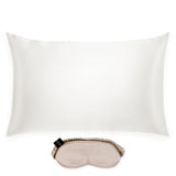 Silk Works ivory-coloured mulberry silk pillowcase and caramel coloured eye mask set, crafted from 22 momme silk for skin and hair benefits.