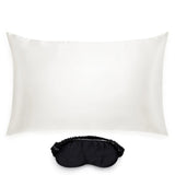 Silk Works ivory-coloured mulberry silk pillowcase and black eye mask set, crafted from 22 momme silk for skin and hair benefits.