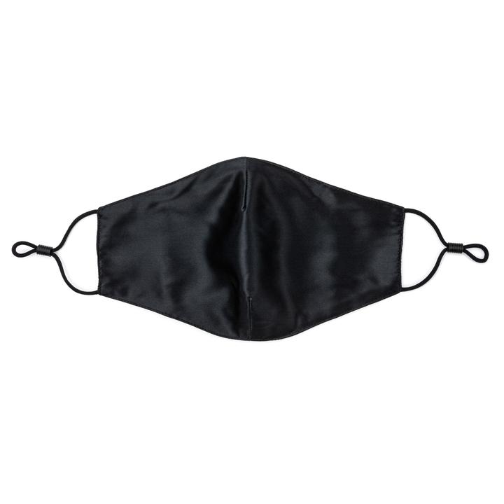 Silk Works black mulberry silk face mask with black adjustable ear loops, designed for breathable, skin-friendly protection.