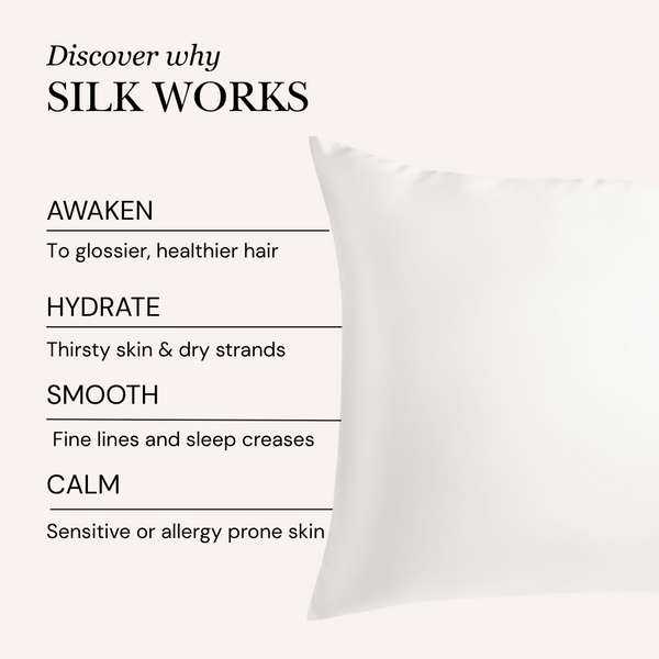 Silk pillowcase with benefits listed on a white background