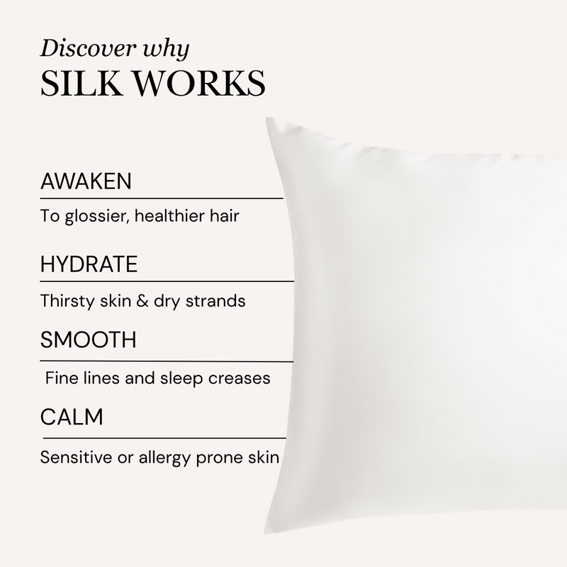 Silk pillowcase with benefits listed on a white background