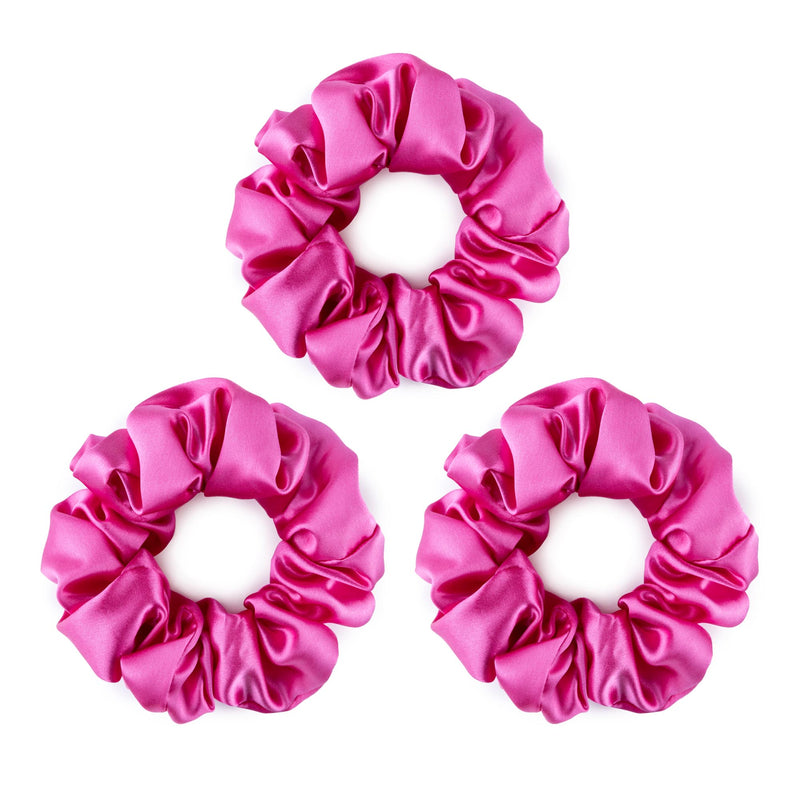Set of three large bright pink mulberry silk scrunchies. 