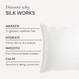 Silk pillowcase with text highlighting its benefits on a white background