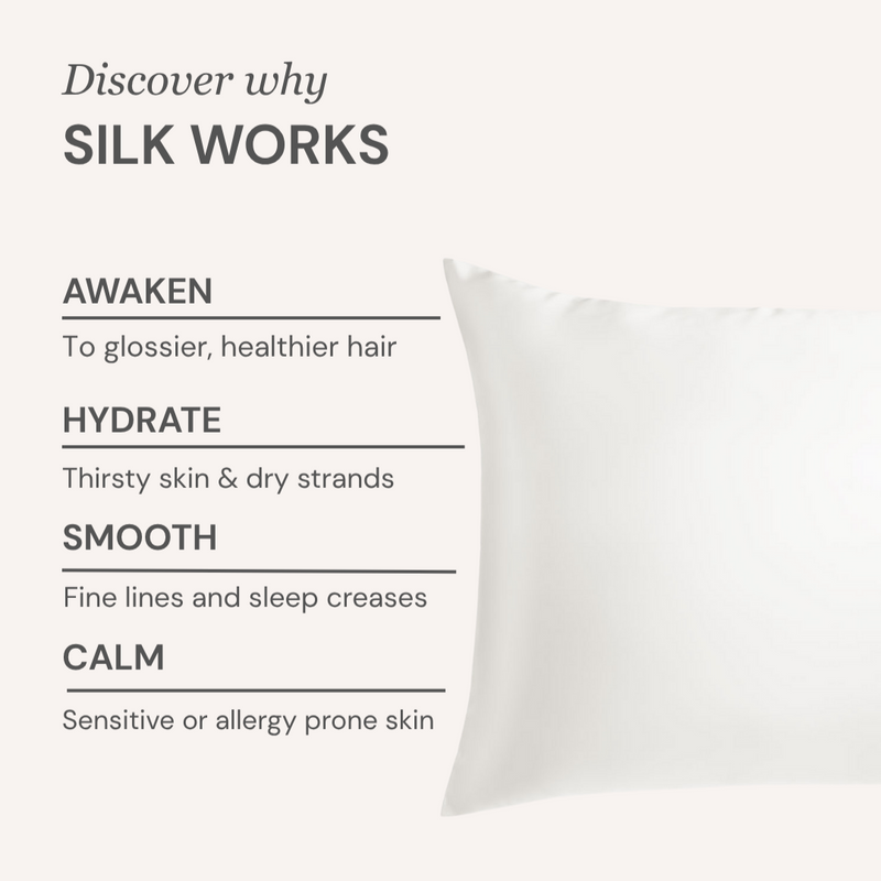 Silk pillowcase with text highlighting its benefits on a white background