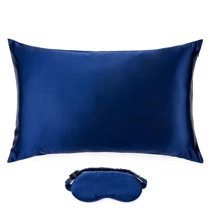 Sapphire blue mulberry silk pillowcase and eye mask gift set