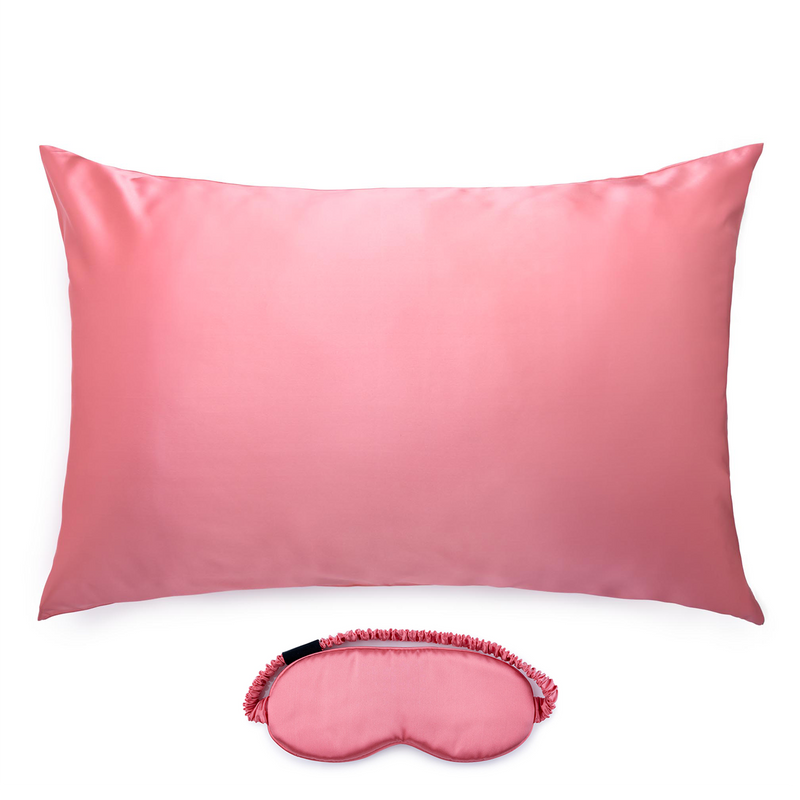 Watermelon coloured mulberry silk pillowcase and matching silk eye mask.