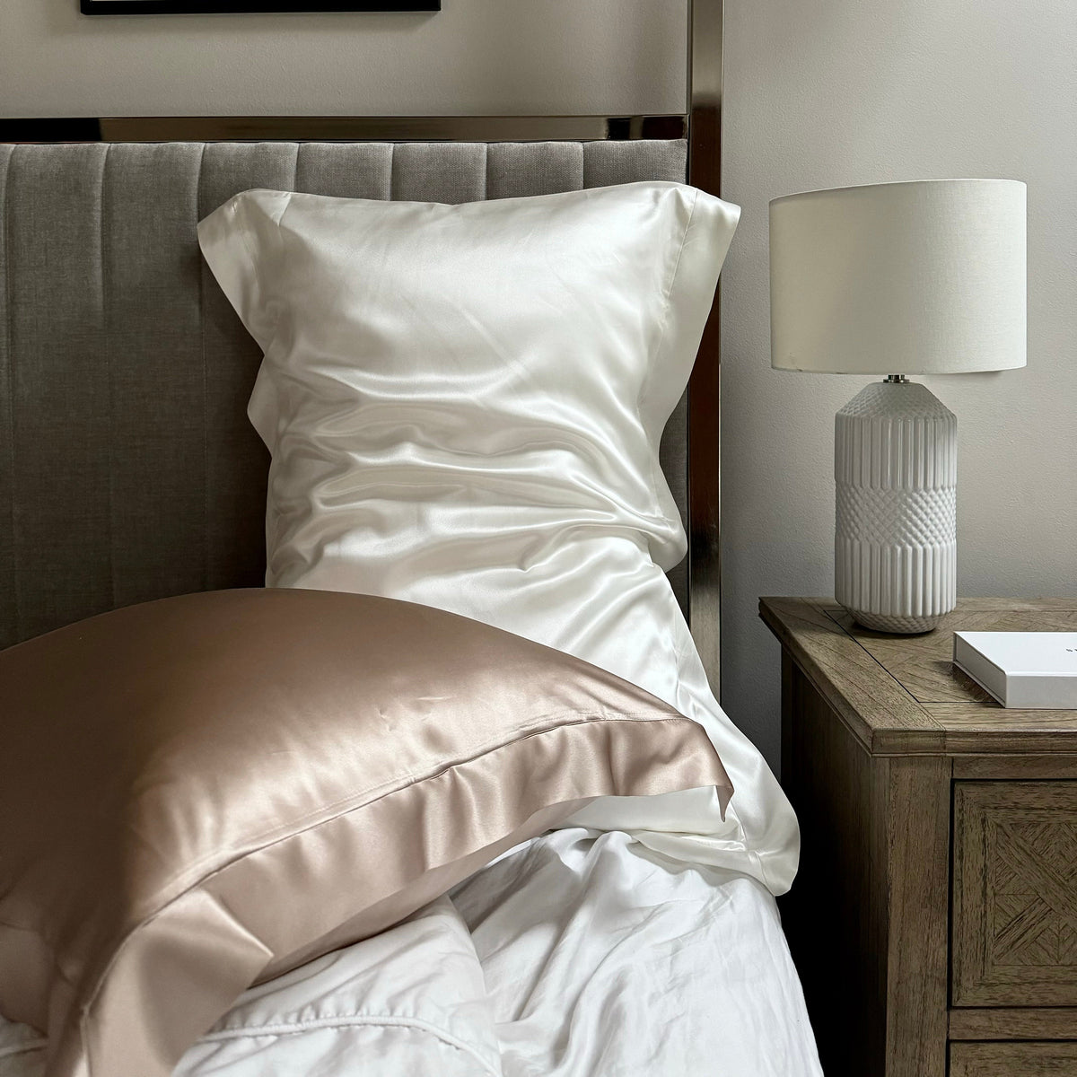 100% mulberry silk Oxford border pillowcases in ivory and champagne/caramel – Silk Works London luxury bedding