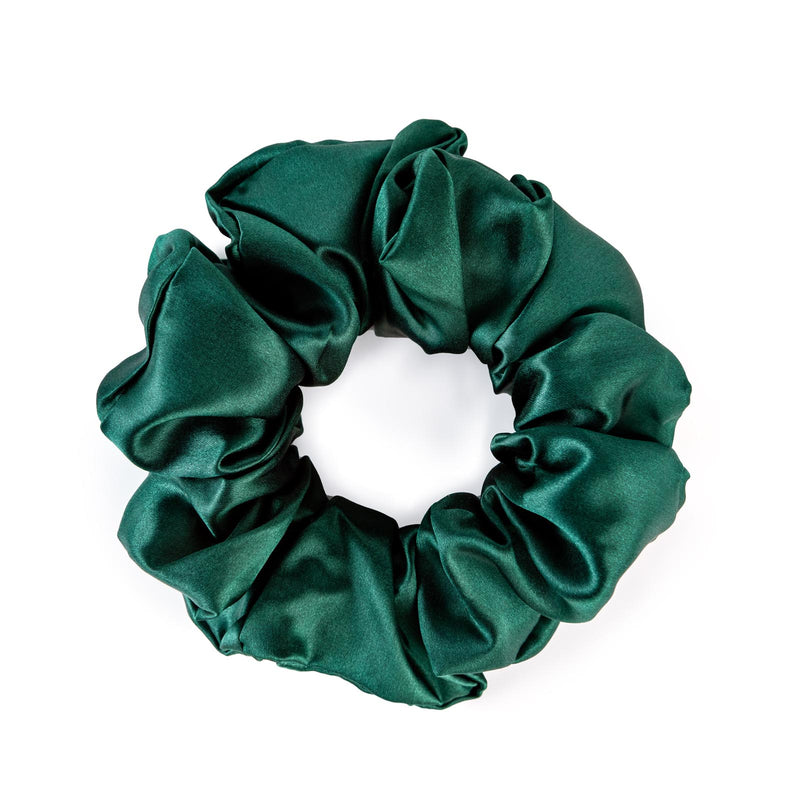 Silk Works large emerald green mulberry silk scrunchie with a smooth, lustrous finish for gentle hair styling.