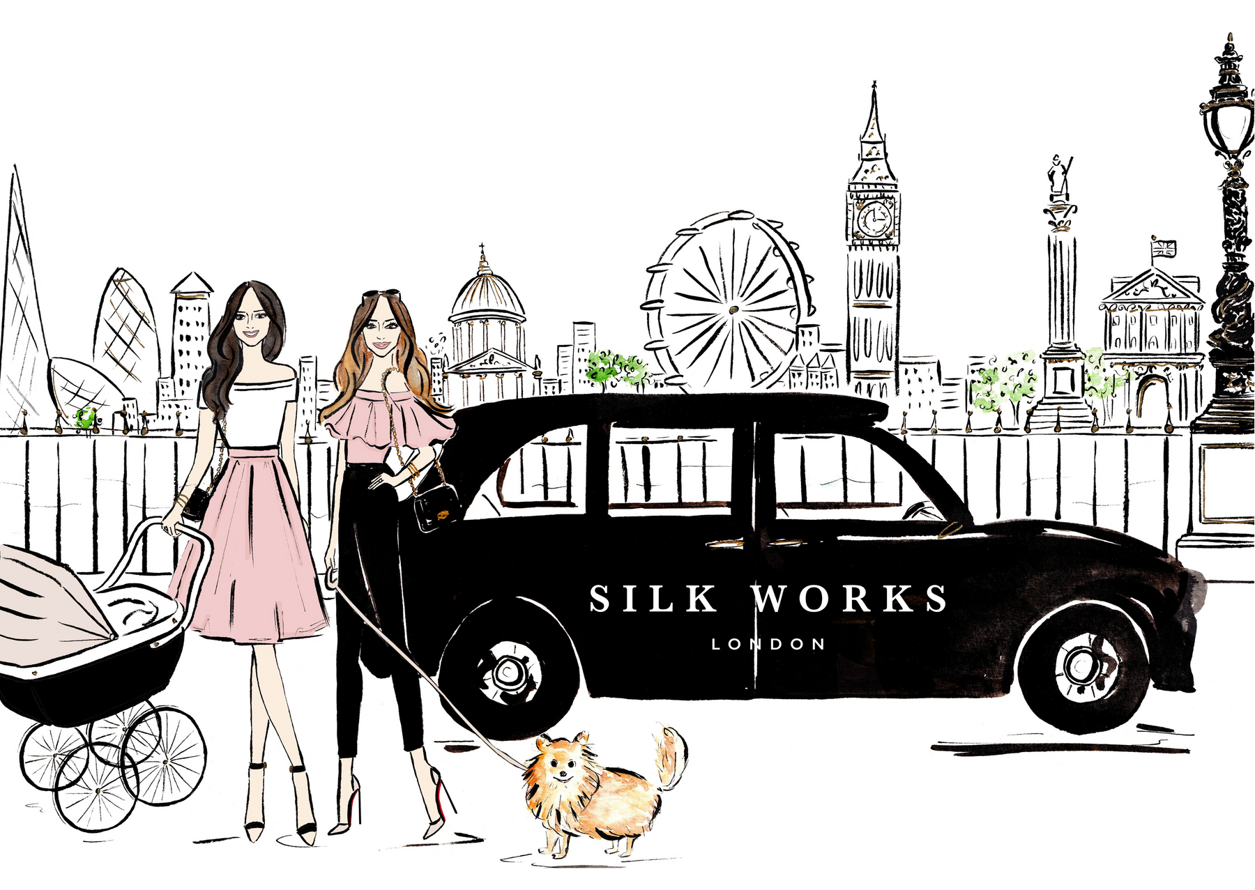 Silk Works London illustration featuring stylish women in the city with classic black cab and iconic London landmarks