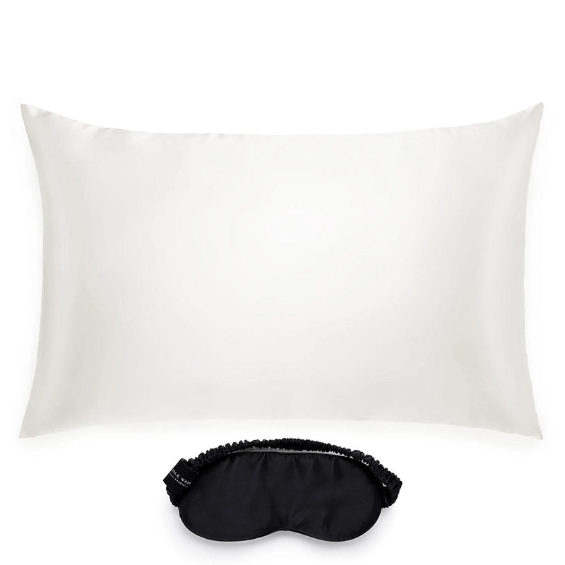 Silk ivory pillowcase and black eye mask set
