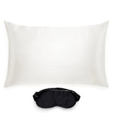 Silk ivory pillowcase and black eye mask set for kids.