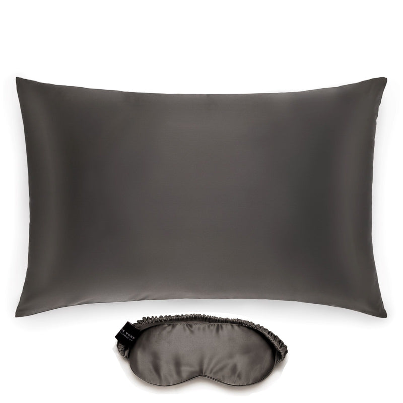 silk pillowcase and eye mask set in charcoal grey