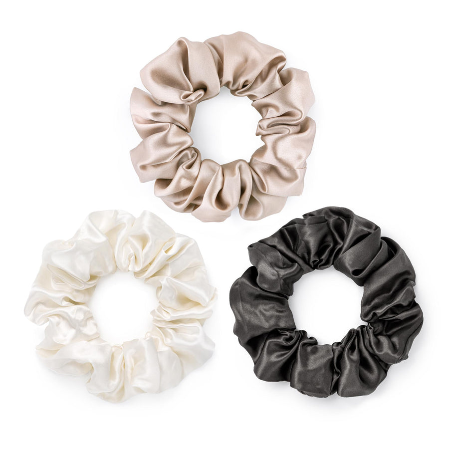 Set of three large mulberry silk scrunchies in caramel, charcoal grey, and ivory – soft, voluminous, and gentle on hair