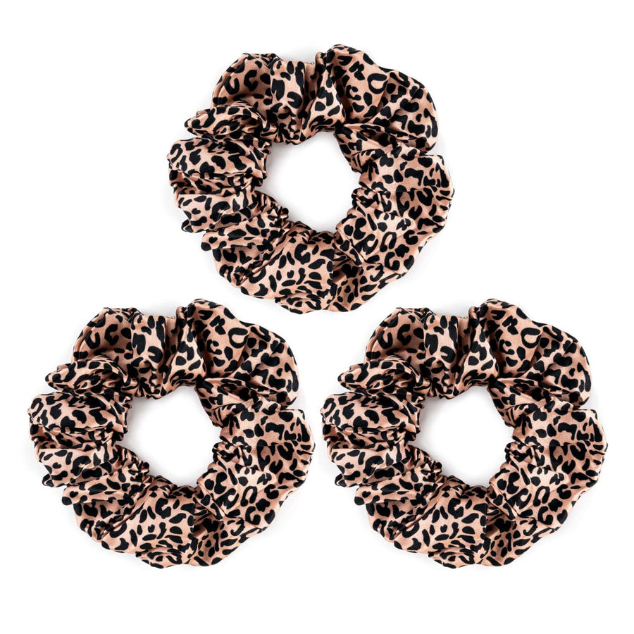 Set of three rose gold  leopard print silk scrunchies made from 100% pure mulberry silk – Silk Works