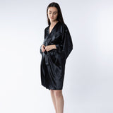 Lady wearing 100% mulberry silk black robe