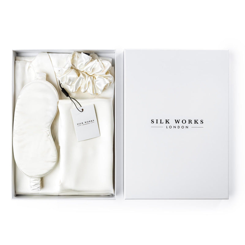 Bridal gift set by Silk Works London. Contains ivory silk robe, scrunchie, eye mask and pillowcase.