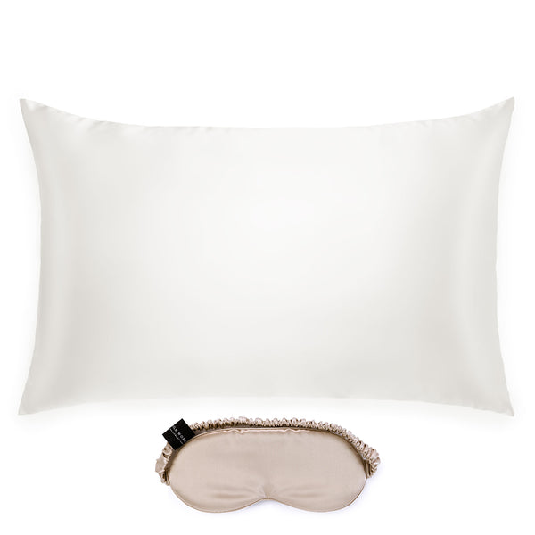 Mulberry silk ivory pillowcase and caramel eye mask gift set.