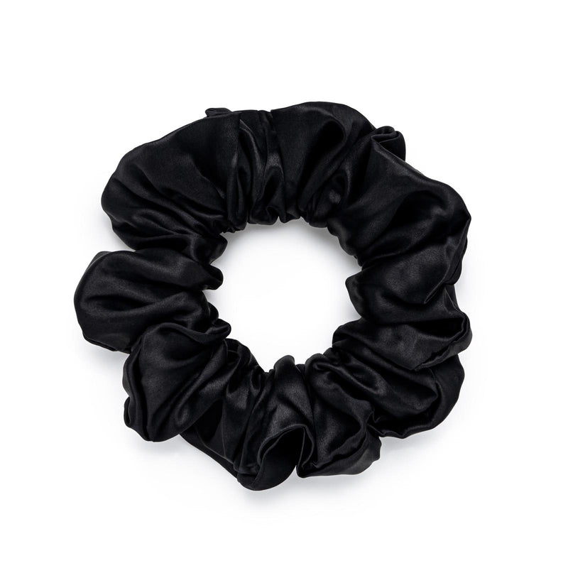 Large black mulberry silk scrunchie – soft, sleek, and designed for a gentle, crease-free hold