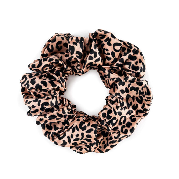Large leopard print mulberry silk scrunchie – soft, smooth, and perfect for a luxurious, crease-free hold.