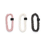 set of 3 silk skinny scrunchies in ivory, grey and pink by Silk Works London UK