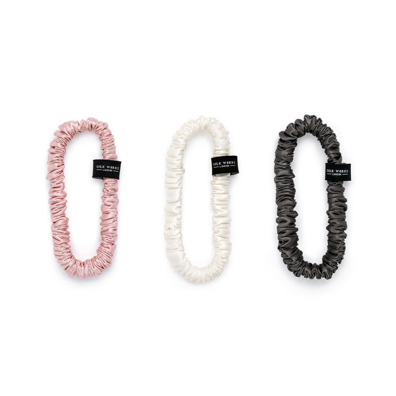set of 3 silk skinny scrunchies in ivory, grey and pink by Silk Works London UK